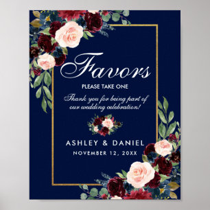 Poster Favores Dourados do Casamento Floral Azul Burgundy