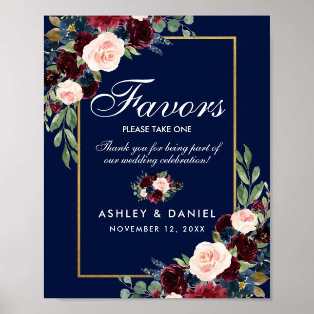 Poster Favores Dourados do Casamento Floral Azul Burgundy (Frente)