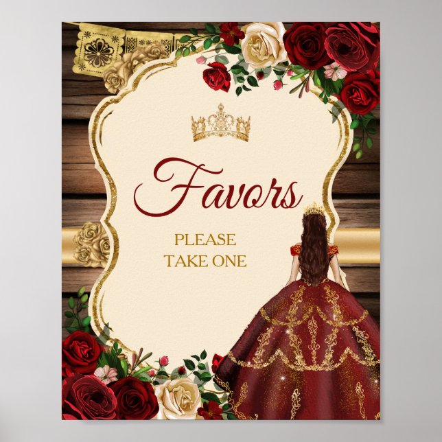 Poster Favores Russos Florais De Mis Quince Burgundy (Frente)