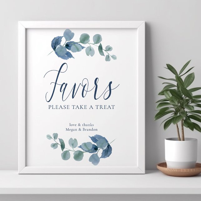 Poster Favoritos de folhagem de aquarela simples de eucal (Favors Poster from the Dusty Eucalpytus wedding collection by Darling & May)