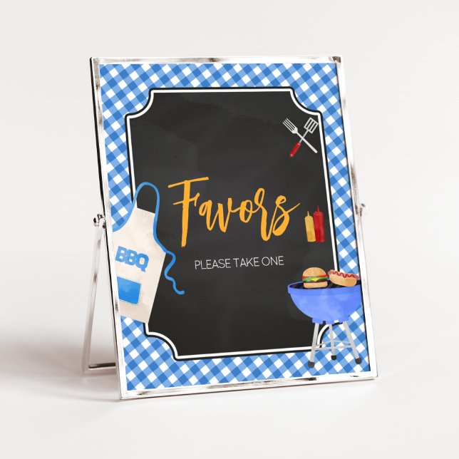 Poster Favoritos do Chá de fraldas CHURRASCO Gingham Azul (Boy Baby-Q Baby Shower Favors Sign)