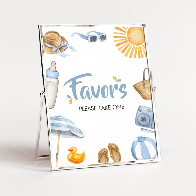 Poster Favoritos do Chá de fraldas de abertura azul (Boy Summer Beach Baby Shower Favors Sign)