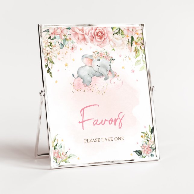 Poster Favoritos do Chá de fraldas de Elefante Floral Ros (Pink Floral Sleeping Elephant Baby Shower Favors Sign)