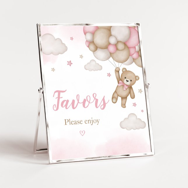 Poster Favoritos do Chá de fraldas do Balão do Urso Rosa (Girl Bear Baby Shower Favors Sign)