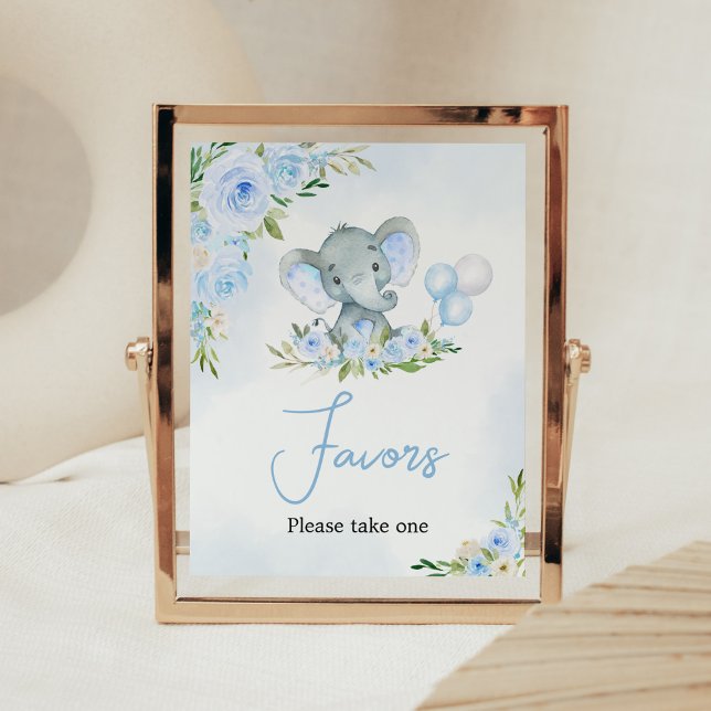 Poster Favoritos do Elefante Floral do Balão Azul (Boy Elephant Balloon Baby Shower Favors Sign)