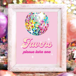 Poster Favors Disco Ball Retro Groovy Girl Pink Birthday