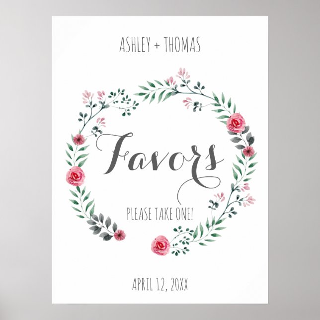 Poster FAVORS Sinal de caligrafia floral de casamento (Frente)