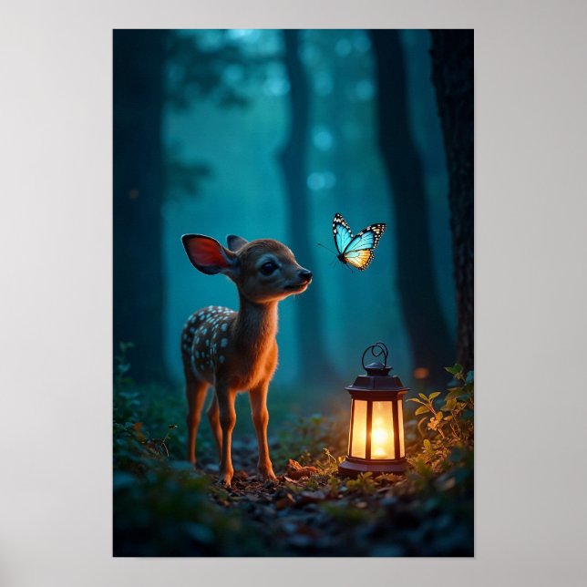 Poster Fawn e borboleta na Floresta Encantada (Frente)