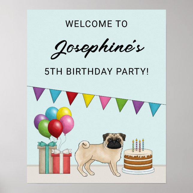 Poster Fawn Pug Cute Cartoon Dog Aniversário Bem-vindo (Frente)