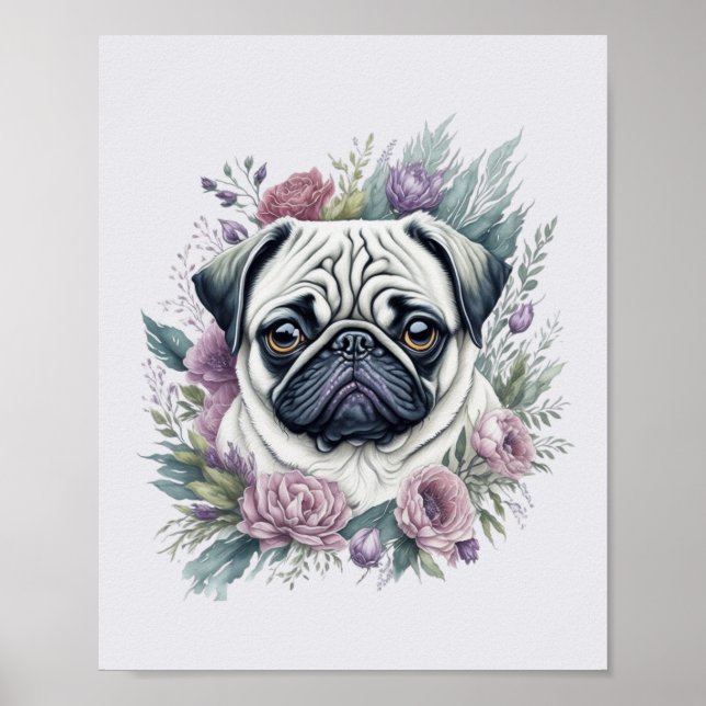 Poster Fawn Pug Watercolor Floral (Frente)
