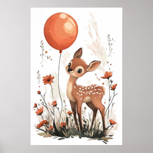 Poster Fawn Whimsical segurando balão laranja em Wildflow (Frente)