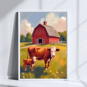 Poster Fazenda do Celeiro Vermelho Animais Vaca Pintura