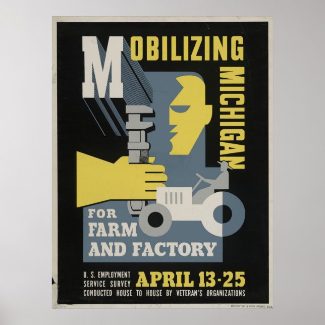 Poster Fazenda Fatory Mobilizando Michigan 1943 WPA Vinta (Frente)