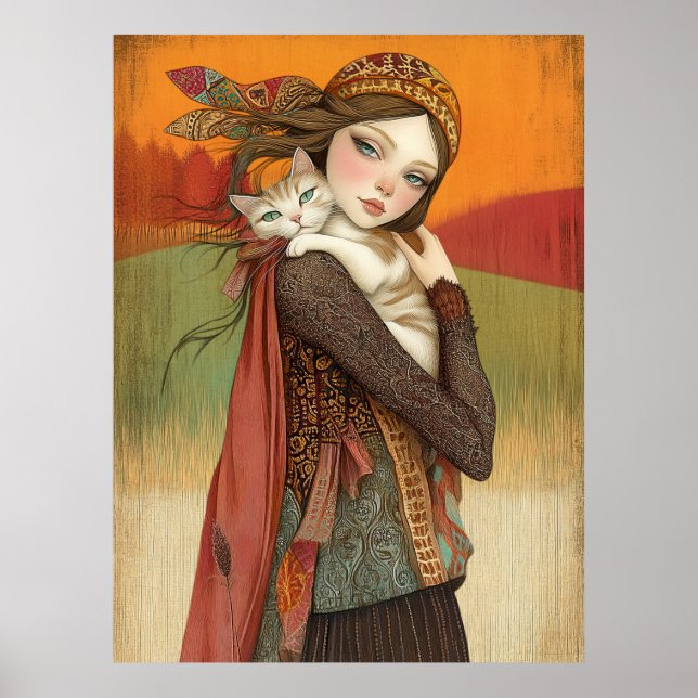 Poster *~* FD2 Fall Girl Autumn Retro Cat Kitten 17 (Frente)