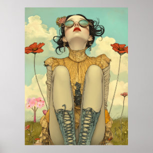 Poster FD2 Retro Caprichosa Arte de Garota Vintage Floral
