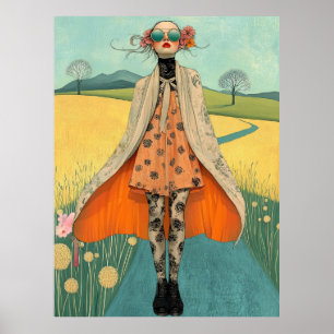 Poster FD2 Retro Caprichosa Arte de Menina Floral Vintage