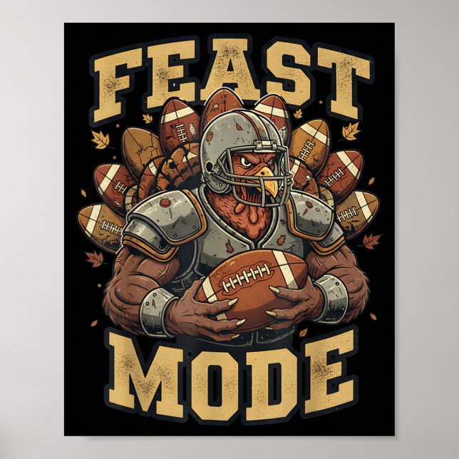 Poster Feast Mode Turkey Football Thanksgiving Funny Vint (Frente)