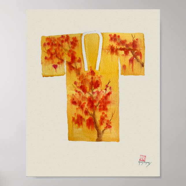 Poster featuring red and yellow Japanese nagajuban (Frente)