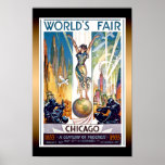 Poster Feira Mundial de Chicago de 1933 - Vintage Retro A<br><div class="desc">Belo vintage retro Art Deco poster da Feira Mundial de 1933 - Um Século de Progresso,  mostrando mulheres no planeta Terra entre parangonas,  aviões e blimps.</div>