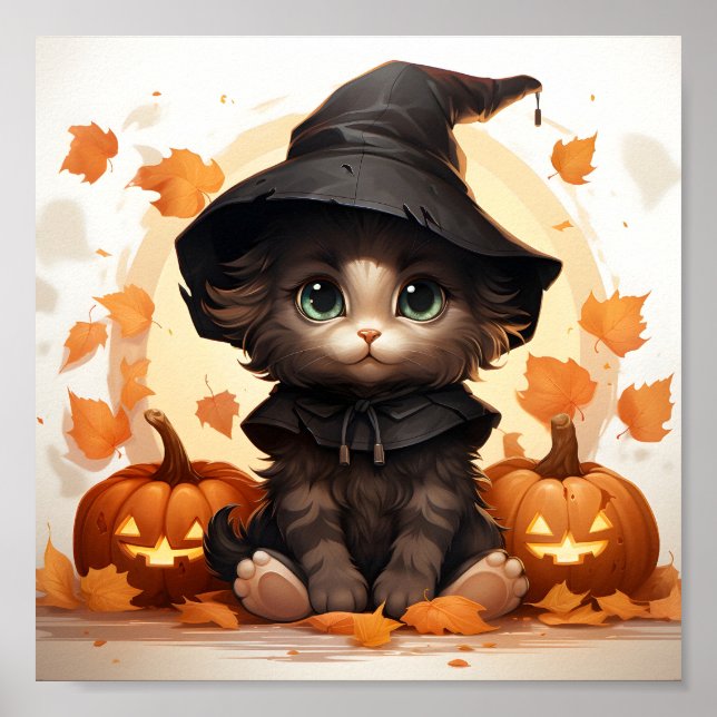 Poster Feiticeira De Gatinho De Halloween, Folhas E Abóbo (Frente)