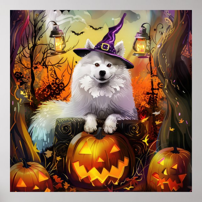 Poster Feiticeira de Halloween e Abóbora Samoyed Samoyed (Frente)