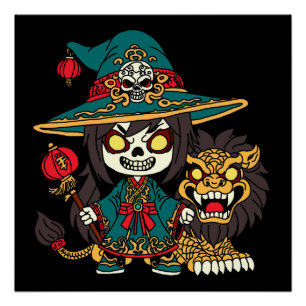 Pôster Feiticeira e Leão de Anos novos Chineses Bonitos