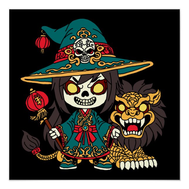 Pôster Feiticeira e Leão de Anos novos Chineses Bonitos (Frente)