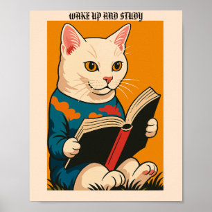 Poster Feline Lendo Com Um Livro — Acorde E Estude!