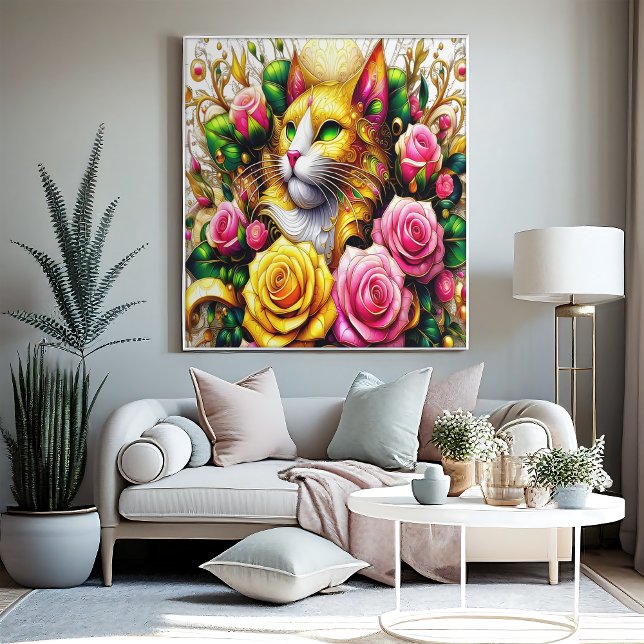 Poster Felino em meio a Bloom Floral Vibrante 40x60 (Criador carregado)