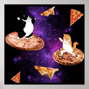 Poster Felinos engraçados carregando pizza no espaço