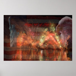 Poster Feliz 4 de julho - Águia e Estátua de Bandeira d