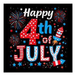 Pôster Feliz 4 de julho Bandeira Americana Patriótica EUA