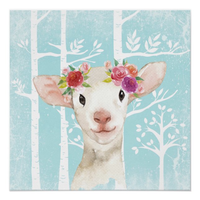 Pôster Feliz Animal com Flores em Floresta Azul-Ovinos (Frente)