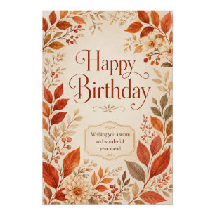 Pôster Feliz Aniversário Aquarela Botânica Outono Quente