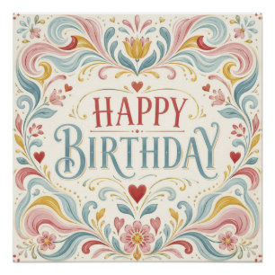 Pôster Feliz Aniversário Arte Folclórica Escandinava Rede