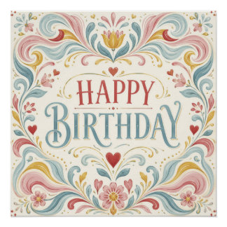 Pôster Feliz Aniversário Arte Folclórica Escandinava Rede