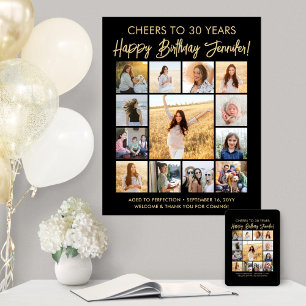 Poster Feliz Aniversário Colagem de Fotos Moderna Preta e