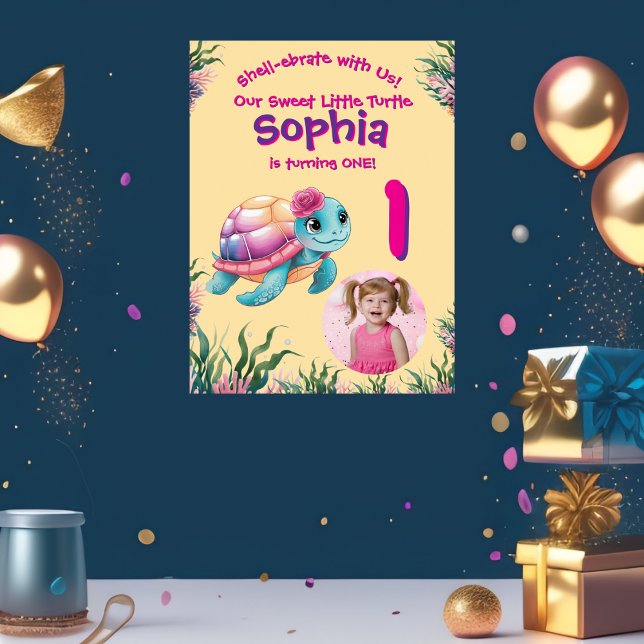 Poster Feliz Aniversário da Tartaruga Floral Branca (Criador carregado)