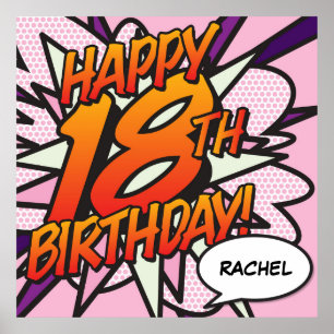Pôster FELIZ ANIVERSÁRIO DE 18 ANOS Quadrinhos Pop Art Ro