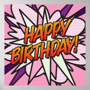 Poster FELIZ ANIVERSÁRIO Diversão Arte Pop de Quadrinhos 