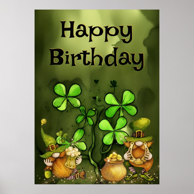 Poster Feliz Aniversário do Irlandês Leprechaun Gnomos e  (Frente)