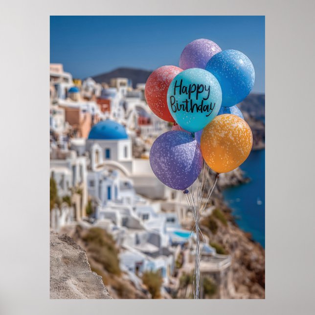 Poster Feliz aniversário dos Balões em Santorini, Grécia (Frente)