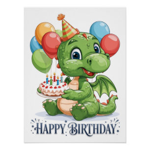 Pôster "Feliz Aniversário" Dragão Verde Desenho Animado F