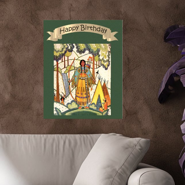 Poster Feliz Aniversário Embroborada Nativa Americana (Happy Birthday poster decoration embroidery texture Native American woman in woods on green.)