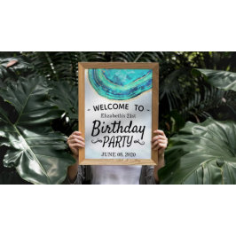 Poster Feliz aniversário Festa Teal, Dourada Gate Geode B