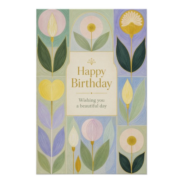 Pôster Feliz Aniversário Flores Botânicas Modernas em Pas (Frente)