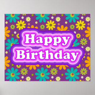 Poster Feliz Aniversário Flores Hippie