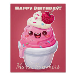 Pôster Feliz Aniversário Frozen Yogurt Kawaii Cartoon