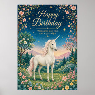 Poster Feliz Aniversário Jardim Floral do Unicórnio Mágic
