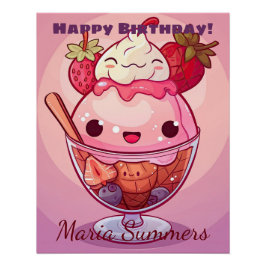 Pôster Feliz Aniversário Morango Sorvete Kawaii